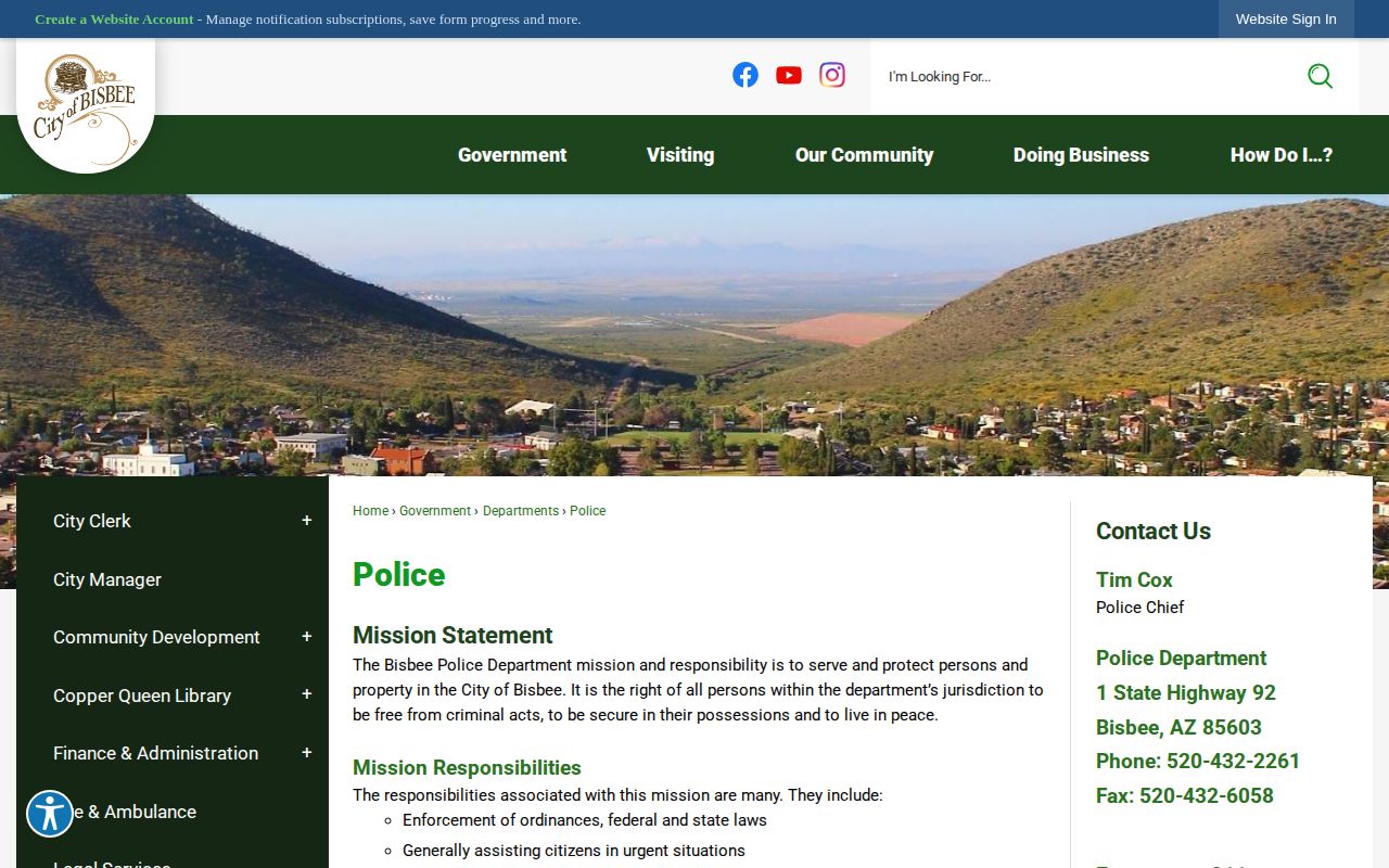 Bisbee Police official page for Bisbee arrest records in Cochise County