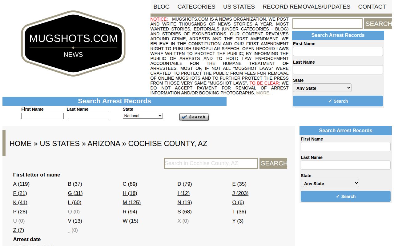 Mugshots.com historical Cochise County mugshot index used as an unofficial news source