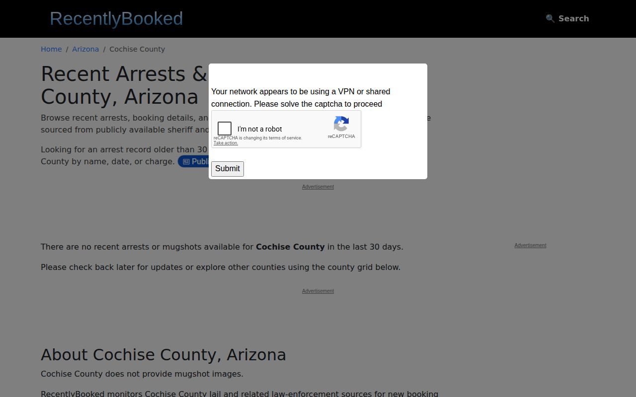 RecentlyBooked Cochise County arrest news section showing a private source gap