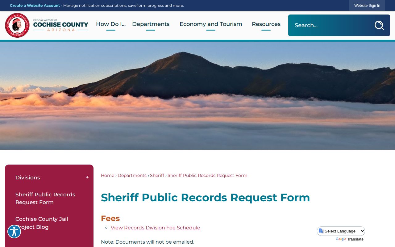 Cochise County booking record and mugshot request page